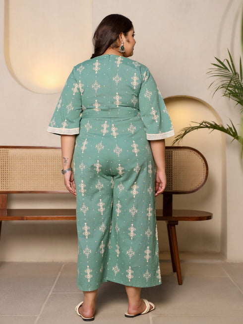 Jashvi Sage Green Geometric Printed Cotton Flex Jumpsuit With Zip Closure